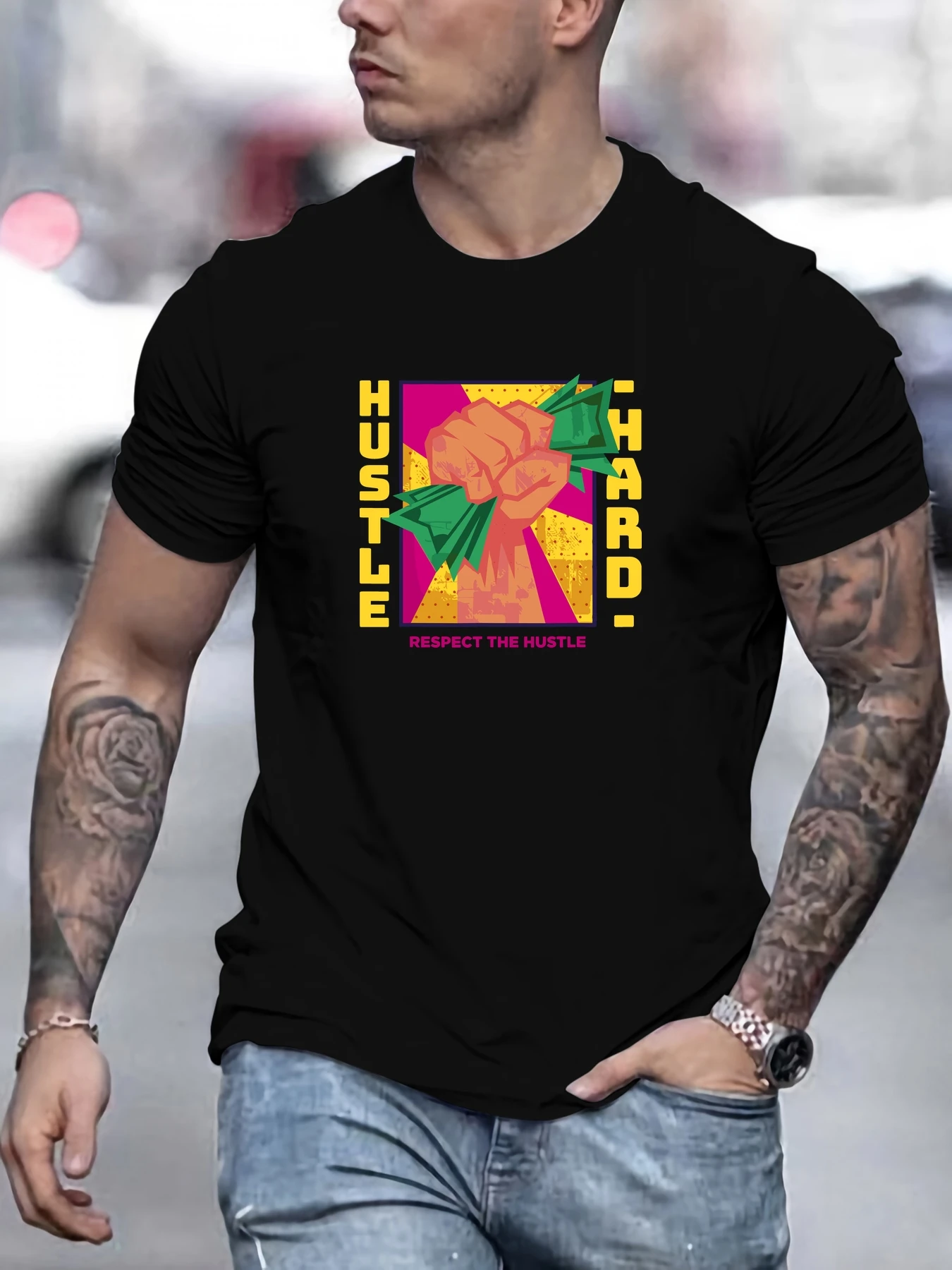 

MEN RESPECT THE HUSTLE pattern summer casual round neck short T-shirt