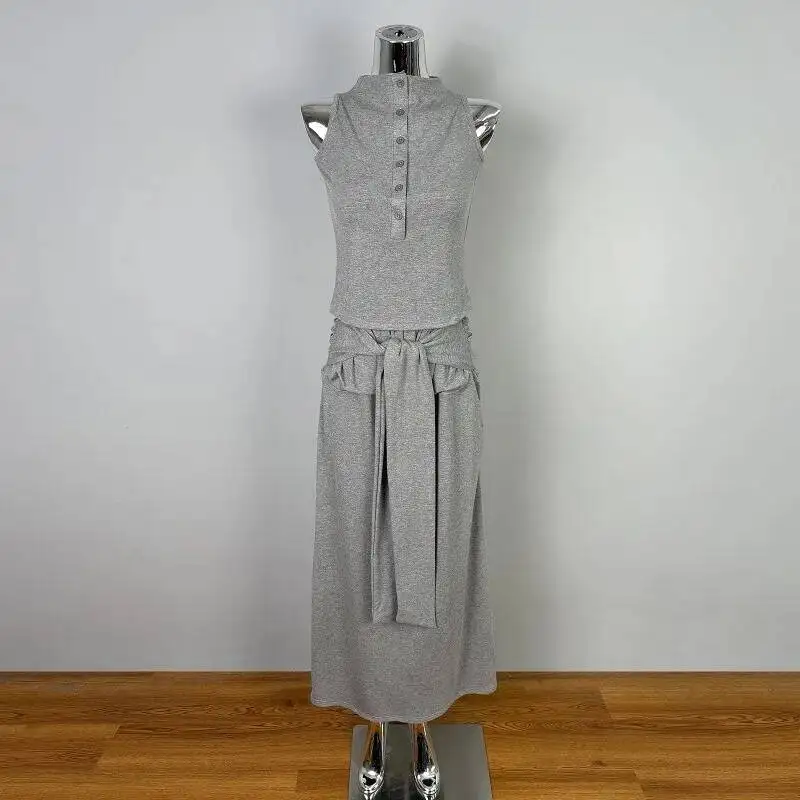 Korea Pure Desire Sexy Body-Flattering Feminine Waist-Exposing Sleeveless Top + Tie-Up Half Skirt Two-Piece Skirts GK5M