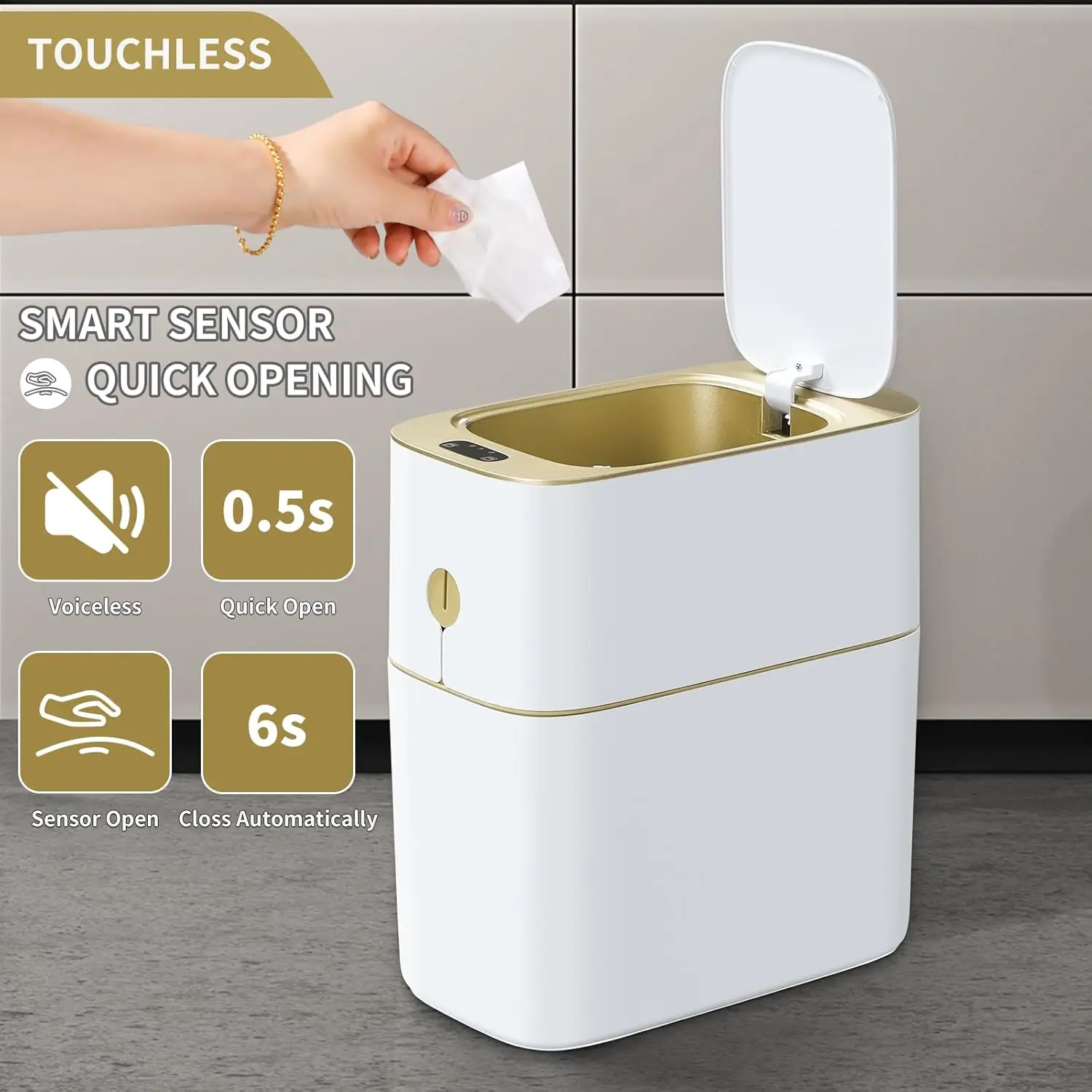 Bathroom Trash Can with Automatic Touchless Lid,4 Gallon Slimline Privacy Garbage Can with Motion Sensor and Waterproof Design f