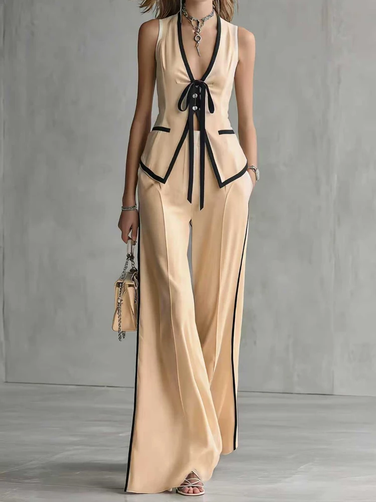 

Summer Simple Casual Commute Outfits Women Pocket Pants Two Piece Set Fashion Color Blocked Sleeveless Tie-up Vest And Pants Set