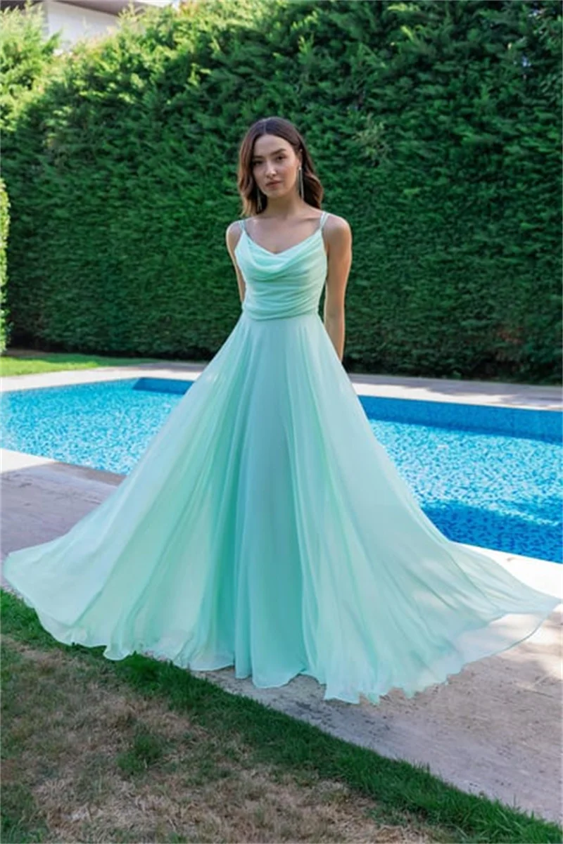 

Simple Spaghetti Strap Chiffon Prom Dress Ruched A Line Sleeveless Long Party Evening Dresses Floor Length Gown robes de soirée