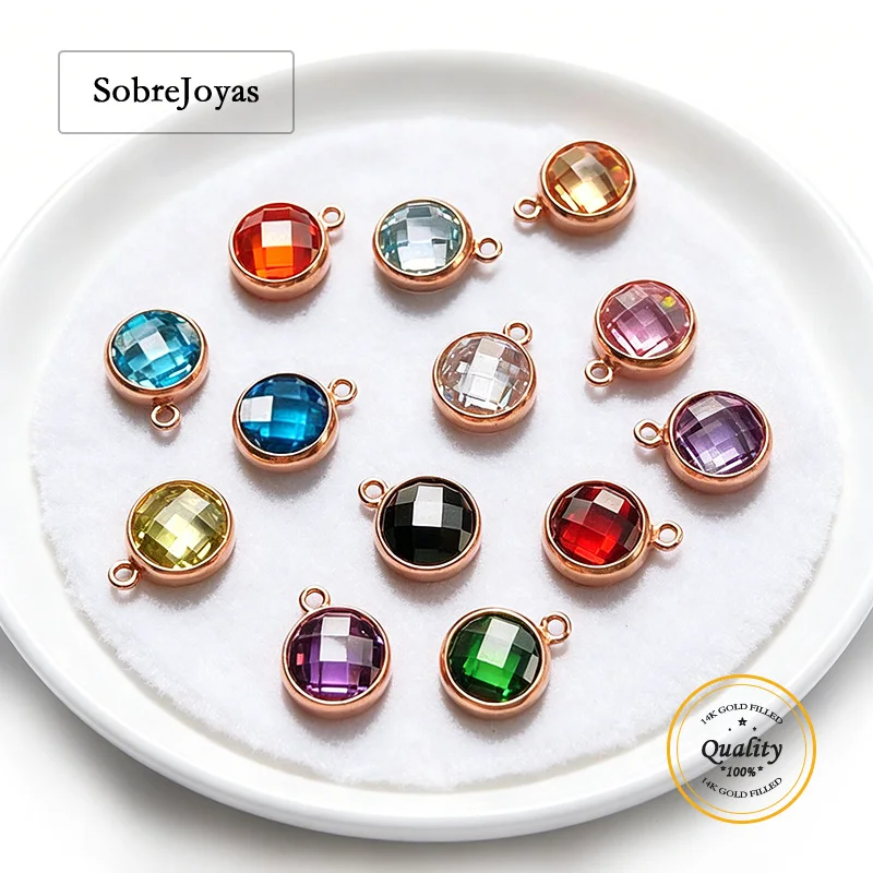 14K Gold Filled round Bezel Drop Charms with 6mm CZ Gold Filled Stone Charm for Bracelet Necklace Birthstone Jewelry