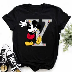 Fashion Mickey Mouse A-Z 26 Disney English Letter Fun Printing Tops 90s  Anime Harajuku Casual Summer Y2K Women's Cotton T-shirt