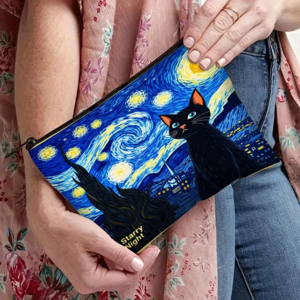 

Black Cat Design Inspired by Starry Night Suitable for Makeup and Cosmetics It Comes with a Sturdy Fade Resistant Zipper Bag