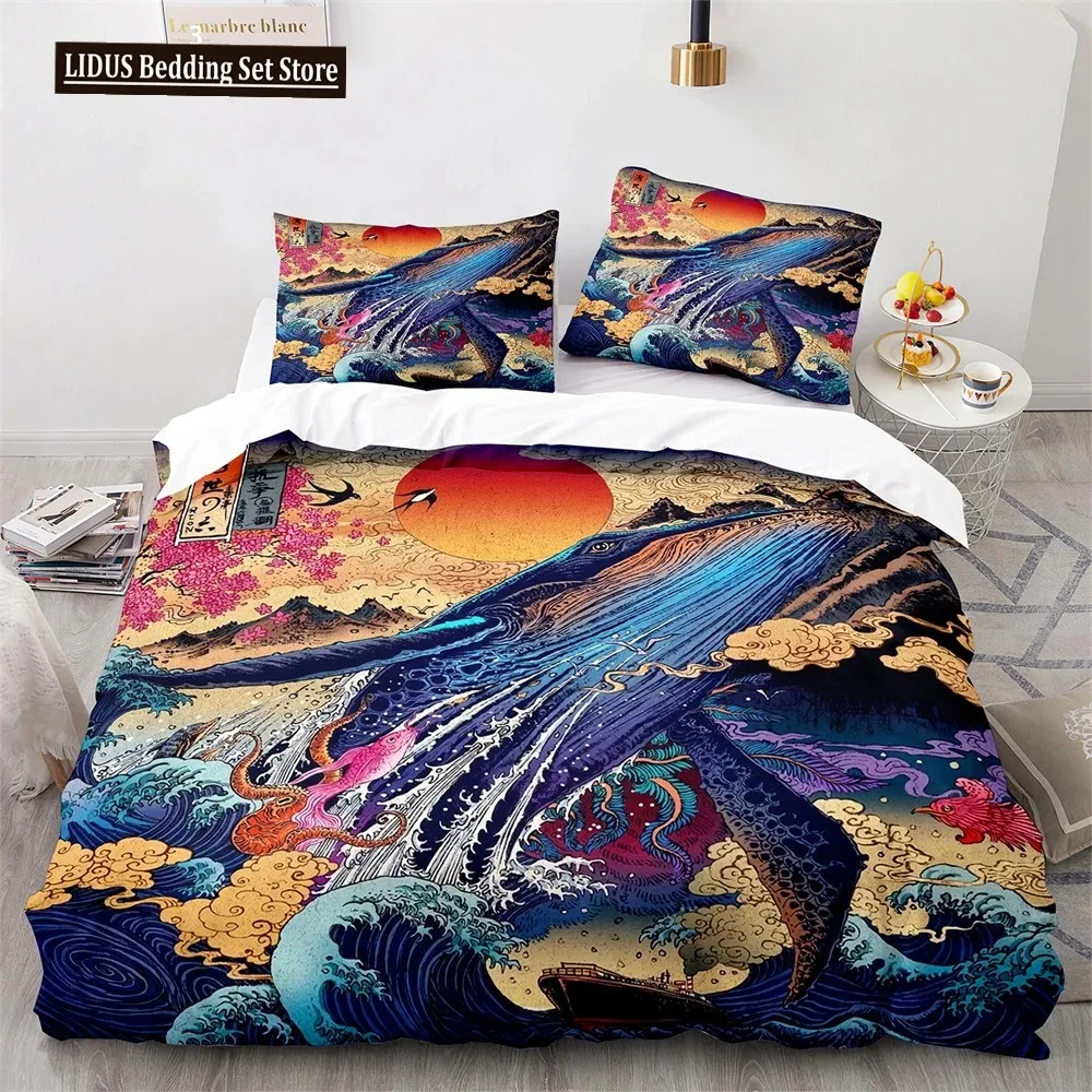 Japanese-Style Bedding Set Ukiyo-e Theme Comforter Cover Sea Wave Red Sun Pattern Decor Duvet Cover For Kids Teen King Full Size