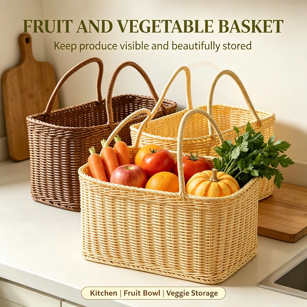 Handwoven Rattan Shopping Basket Portable Picnic Hand Basket Fruit Vegetable Storage Basket For Home Garden Grocery Organizer view 5