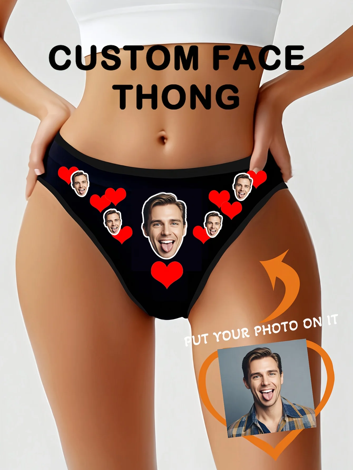 Custom 1pc Valentine's Day Boyfriend/Husband Portrait Custom Heart & Red Lip Print Women's Sexy Thong, Love Holiday