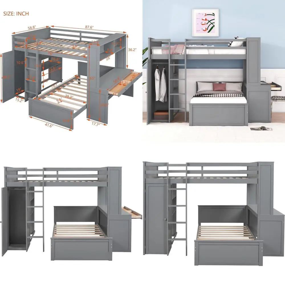 

Wooden Full-Size Loft Bed with Twin Desk, Wardrobe, Shelves, and Storage, Grey for Kids