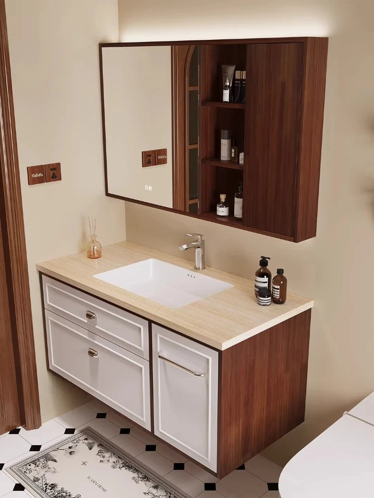 

Rock slab seamless ceramic basin antique bathroom rubber wood paint bathroom cabinet washstand