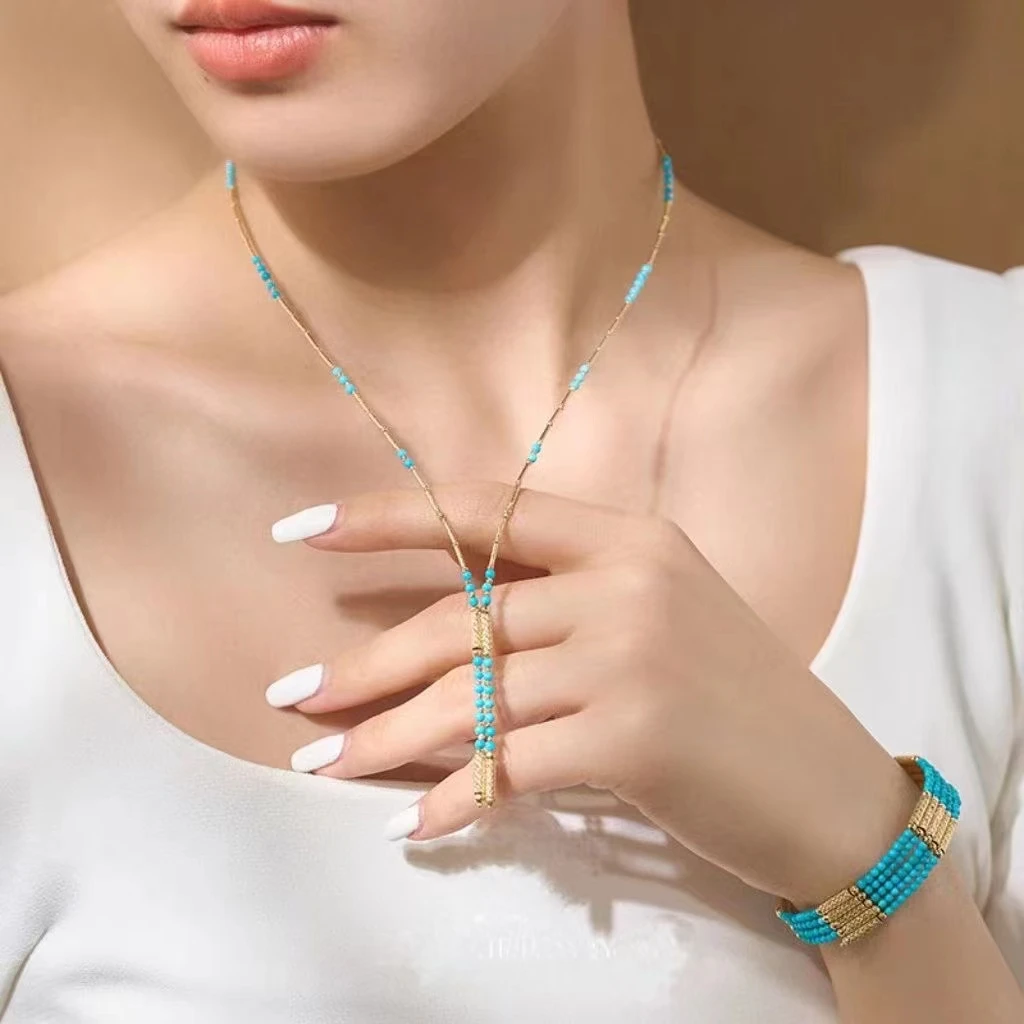 Fashion Multi-functions 925 Silver Natural Turquoise Choker Bangles Luxury America Blue Beads Necklace Layers Bracelets Jewelry