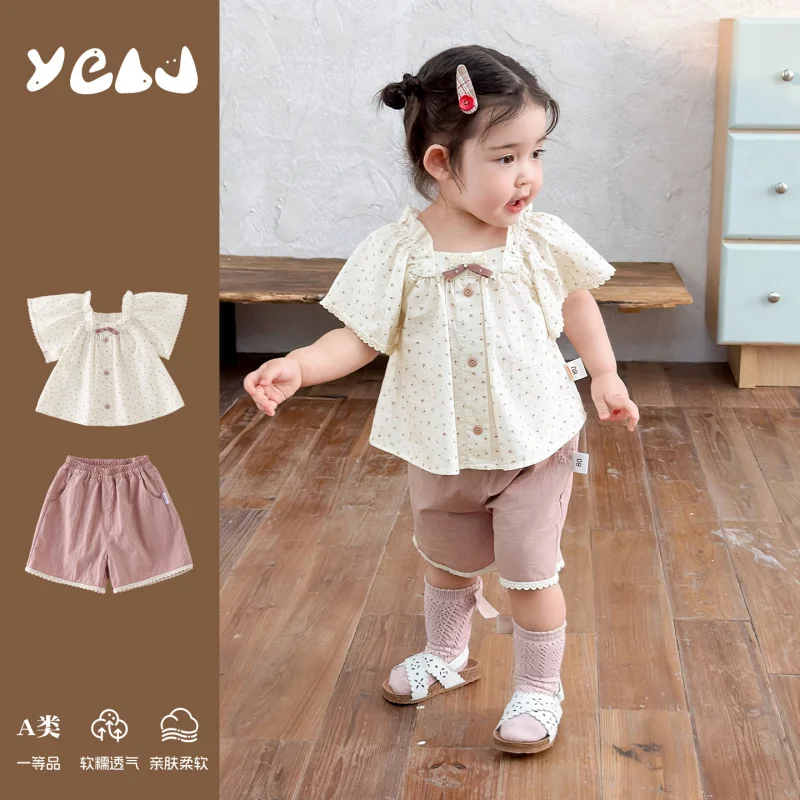 

Girls' Summer Outfit2026New Korean-style children's summer pure cotton short-sleeve pants two-piece clothing set for kids