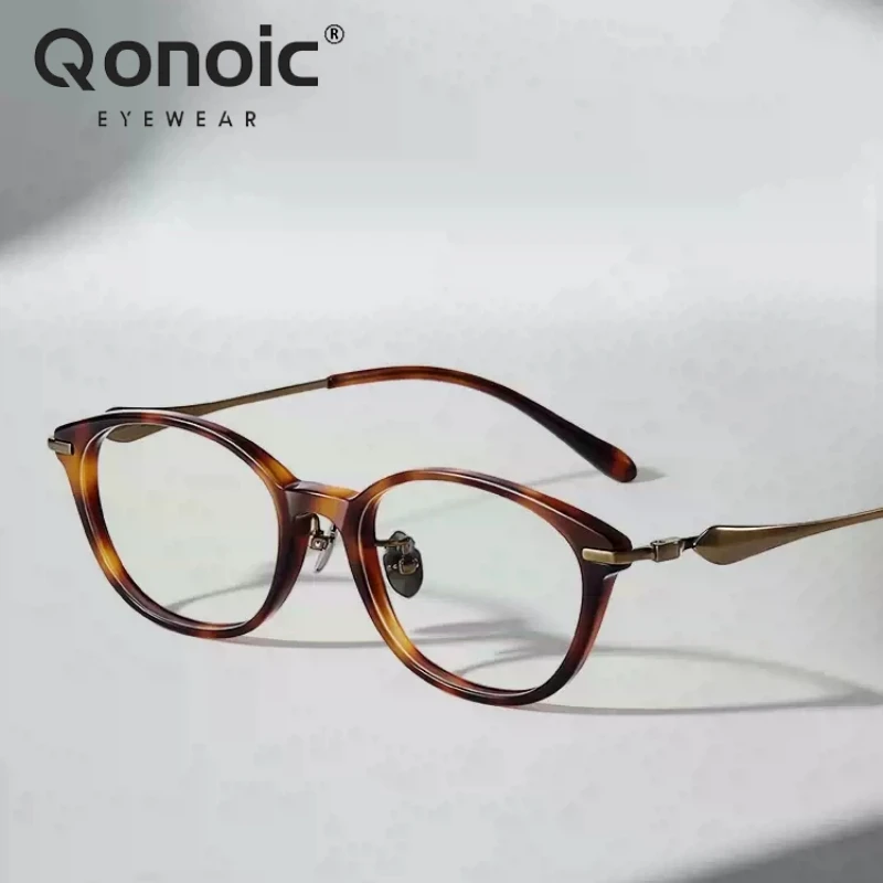 

Qonoic Titanium Acetate Optical Glasses Round Classic Glasses Frame Fashion Brand Designer Spectacle Blue Light Block AB06063