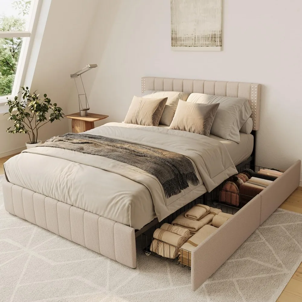 

Gizoon Upholstered Full Bed Frame with 4 Storage Drawers, Headboard Adjustable, Noise Free, Wooden Slats Support, Fits 6” to 12”