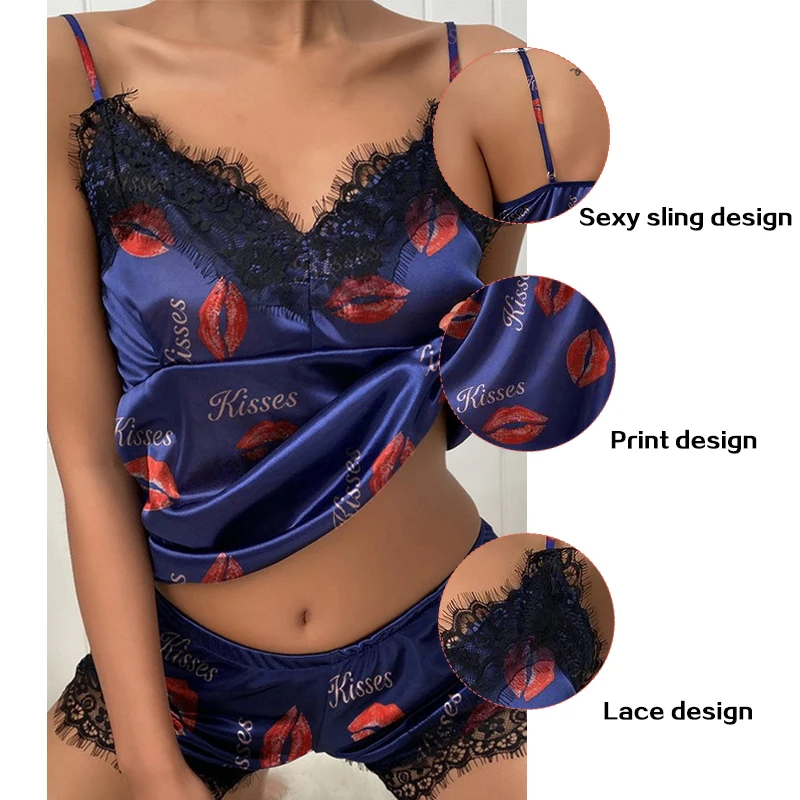 Two Pieces Women Fashion V-Neck Sleeveless Nighty Lace Sexy Nightdress Printed Lingerie Short Set Pajamas Sleepwear