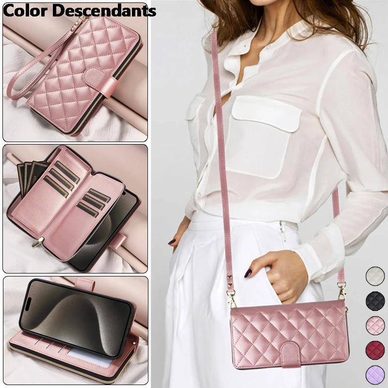 Lanyard Leather Zipper Wallet Card Phone Case for Samsung Galaxy S24 Ultra S23 Plus S22 S21 FE Crossbody Flip Cover