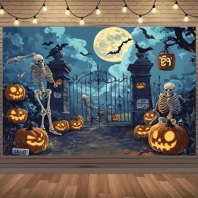 1-teiliges Halloween-Hintergrundtuch aus Polyester – Totenkopf, Kürbislaterne und Vollmond-Design, Halloween-Dekoration