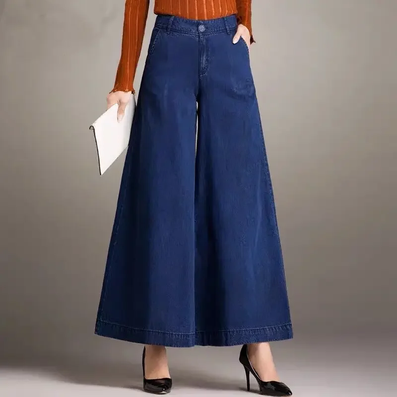 

Loose Pants Women’s High Waist Denim Pants with Buttons Zipper Closure Wide Leg Trousers with Pockets Irregular Hem Women