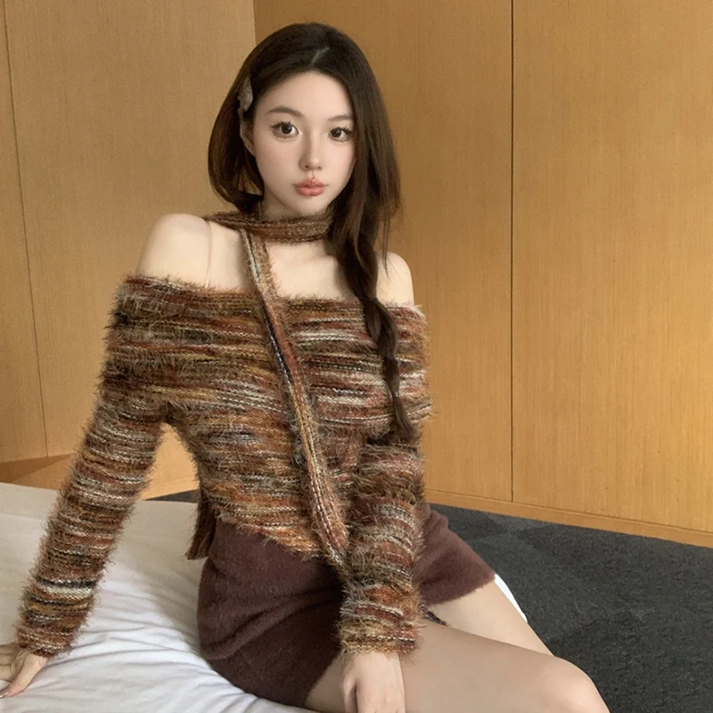 Women Stripe One Shoulder Knitted Sweater New Autumn Winter Spicy Girl Off The Shoulder Slim Fit Top