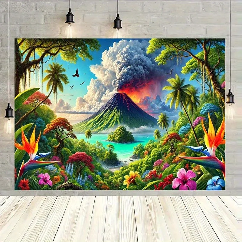 A volcanic island set against the backdrop of a tropical rainforest, as a decorative element for home decoration.