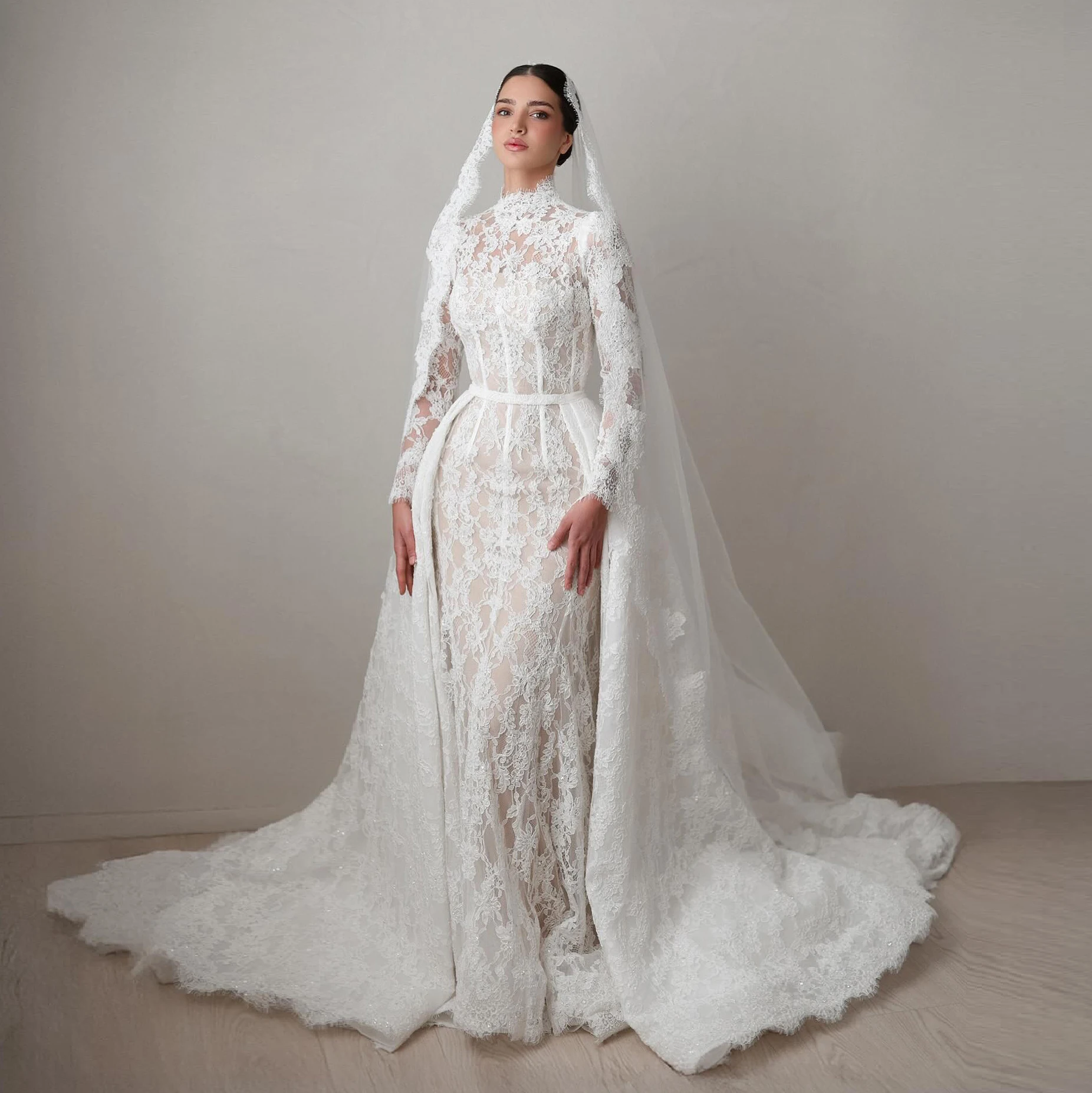 Sharon Said Luxury White Nude Lace High Neck Mermaid Wedding Dresses 2026 Women Prom Dress Party Bride Gowns SW529 Customized