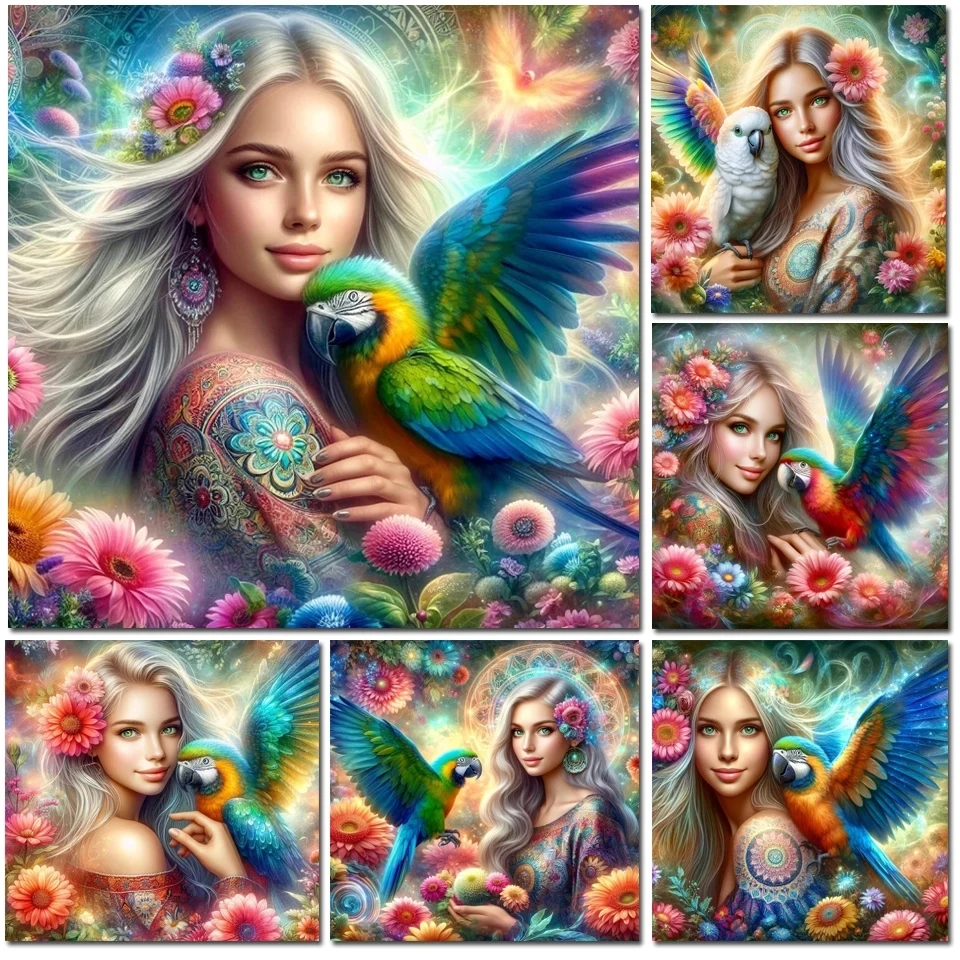 DIY Diamond Painting New 2024 Cross Stitch Kit Woman and Parrot Flowers Mosaic Diamond Embroidery Home Decoration