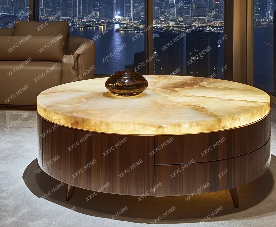 طاولة طعام مضيئة من اليشم، حجر فاخر مستدير من الرخام الطبيعي، طراز فاخر وخفيف الوزن، طاولة طعام لغرفة المعيشة #5