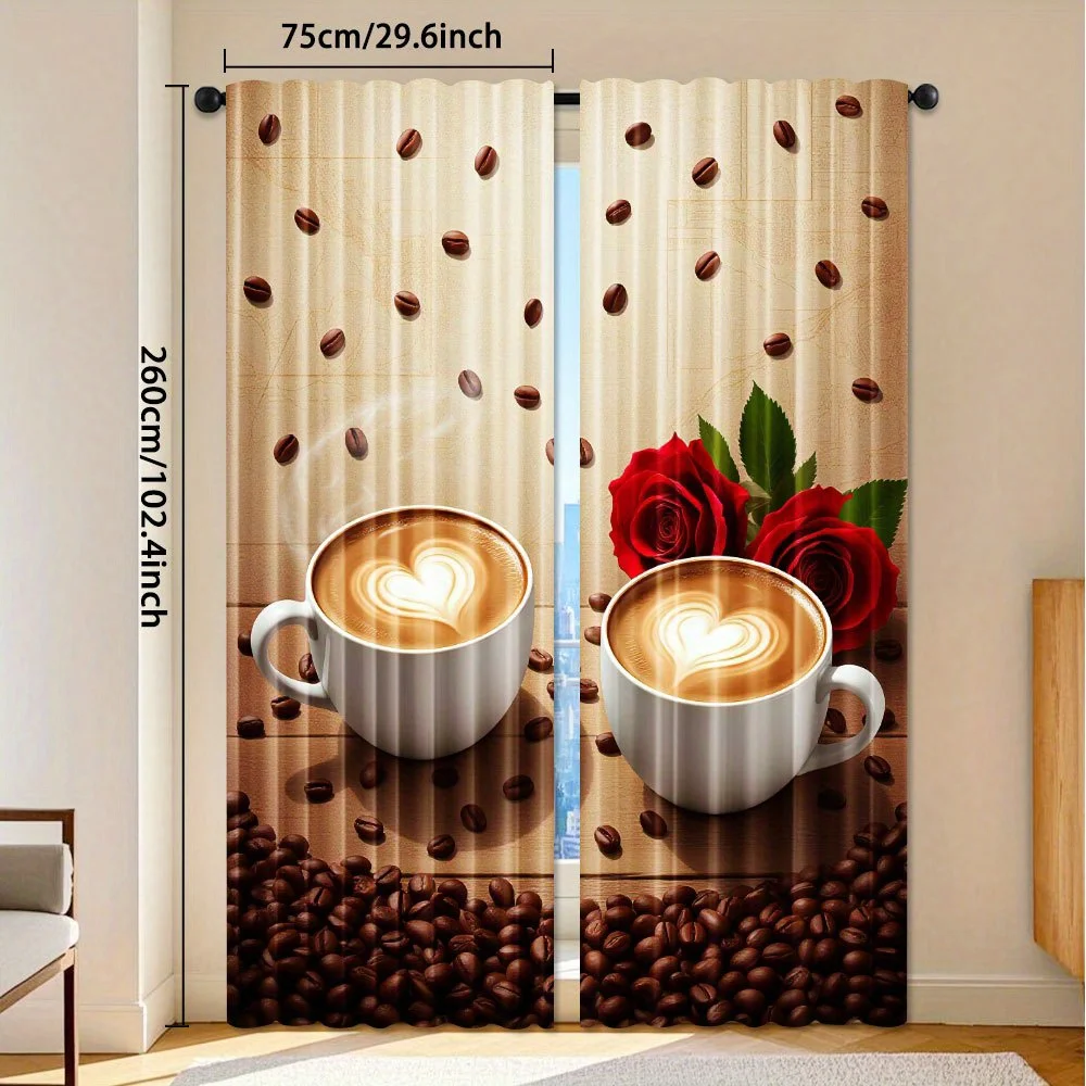 Coffee Cup Curtains with Latte Art and Red Roses Warm Café Theme Window Drapes for Living Room Kitchen Decor