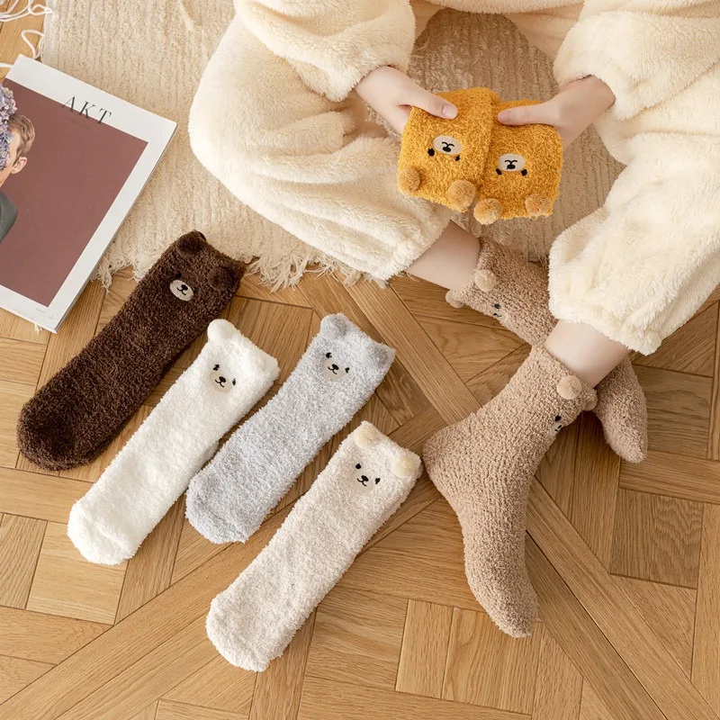 Winter Cute Bear Coral Velvet Socks for Women Warm Comfortable Fluffy Sleeping Sock Lovely Cartoon Floor Socks for Girls XKWZ12