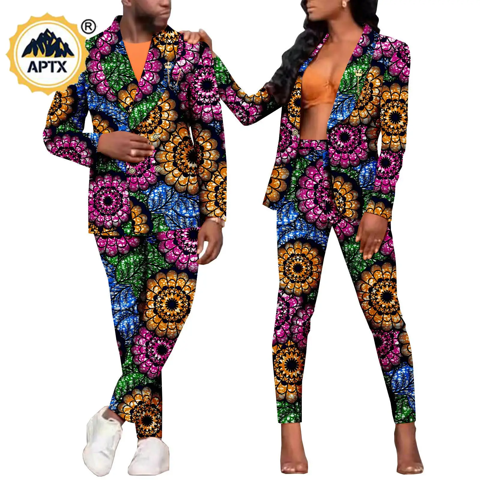 

African Couples Clothes Bazin Riche Women Jackets and Pants Sets Match Men Suits Formal Work Outfits Print 2 Pieces Y22C013