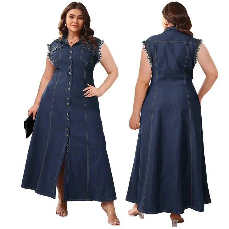 

F218381 New European and American plus size women's clothing new denim short sleeved tassel long dress, women's clothing