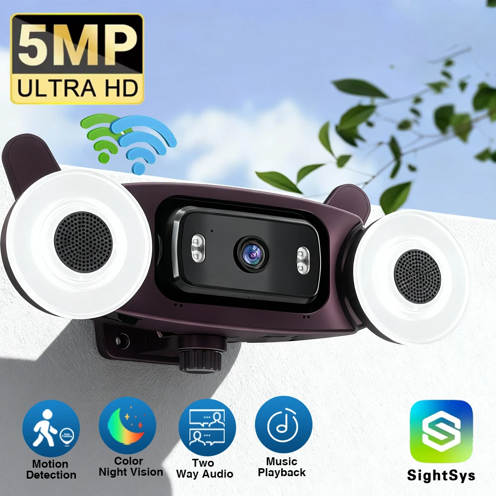 

5MP HD Floodlight WiFi Camera Outdoor Waterproof CCTV Music Player Human Detection Alarm Surveillance Two Way Audio IP Cam