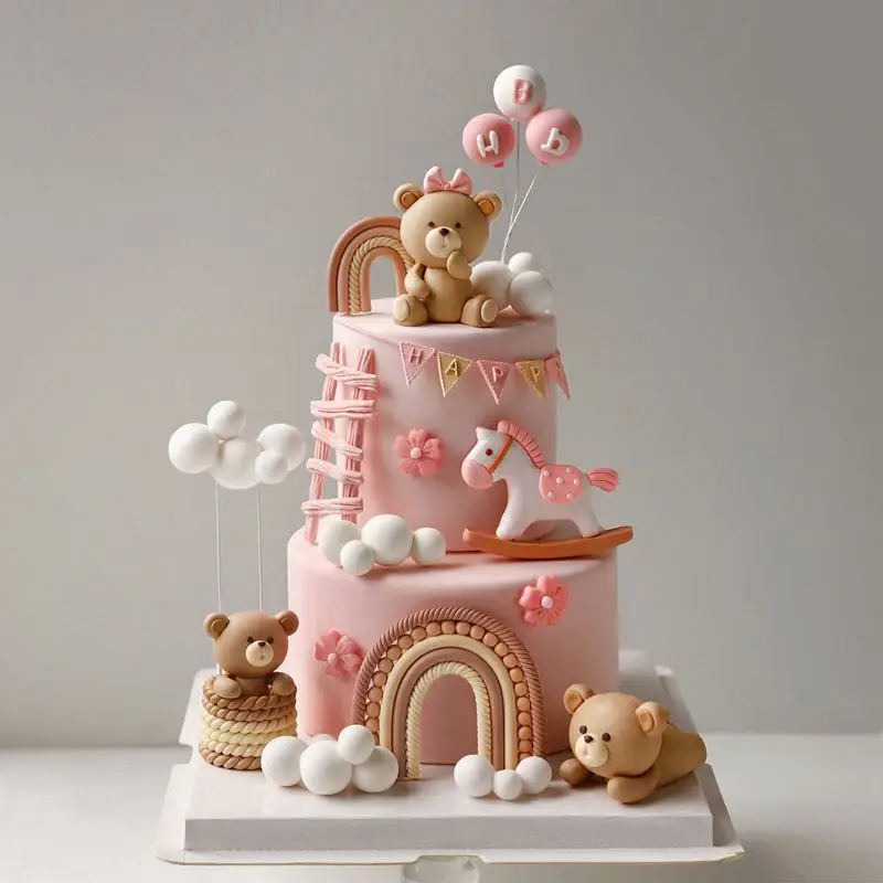 Weicher Ton-Rosa-Bär-Kuchenaufsatz Geburtstagstorten-Deko Kinder-Bärenfigur Geschenk Babyparty 1. Geburtstagstorte Hochzeitsdekoration – Detail 3