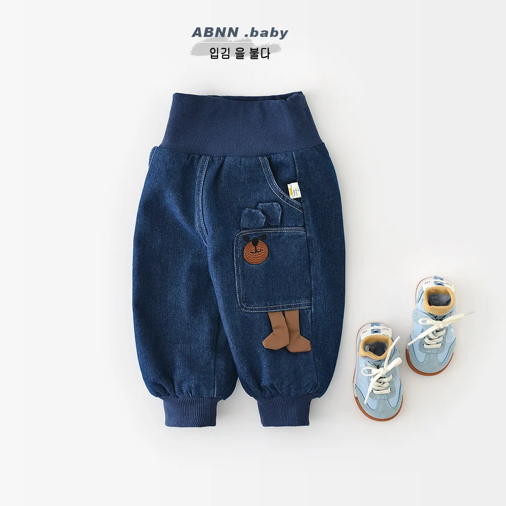 Infant Boy Cartoon Bear Warm Pants Plus Velvet Thick Toddler Girl Casual Jeans 2025 Winter New Baby Fleece Denim Trousers