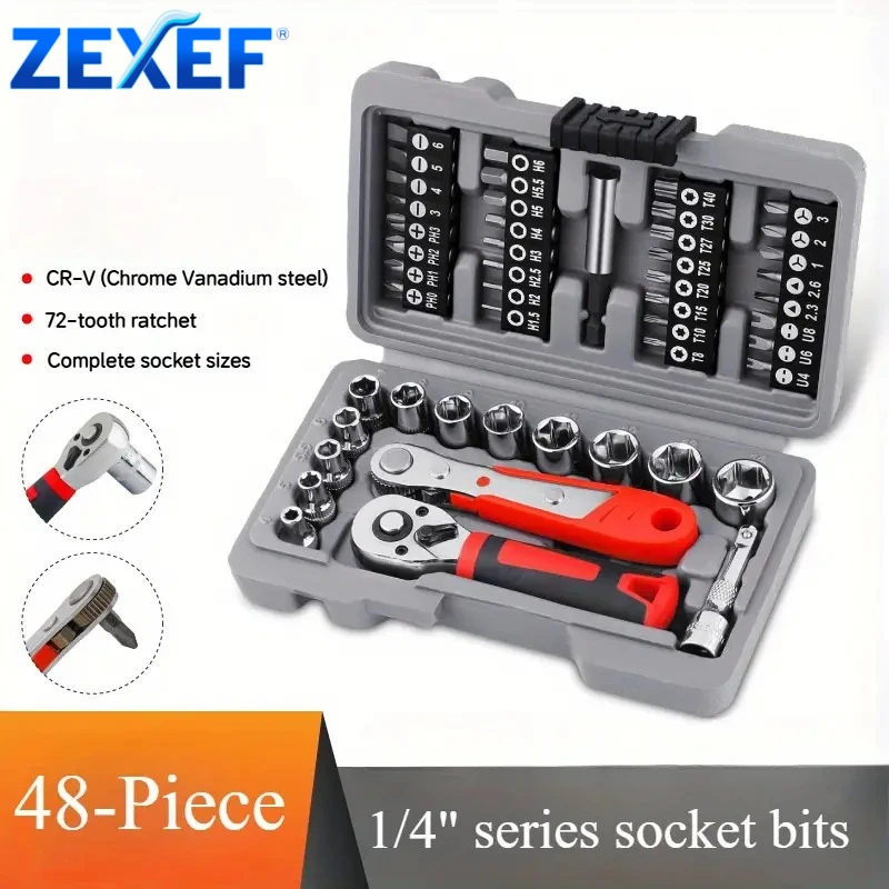

ZEXEF 48PCS Ratchet Socket Set 1/4 Adjustable Socket Wrench CRV Screwdriver Bit Set Household Hand Car Repair Tool Set Kit