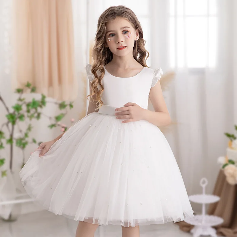 

2024 Summer New Hot Selling Girls Princess Dress Fluffy Bow Solid Color Dress Gentle and Elegant Piano Performance Host Clothing