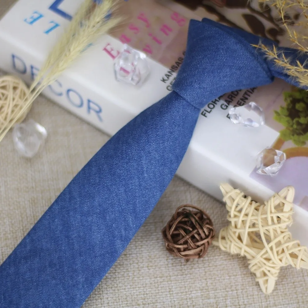 Classic Solid Color Jean Fabric Tie Adjustable Narrow Denim Men Necktie Hand Tied Blue Retro Cravat Shirt