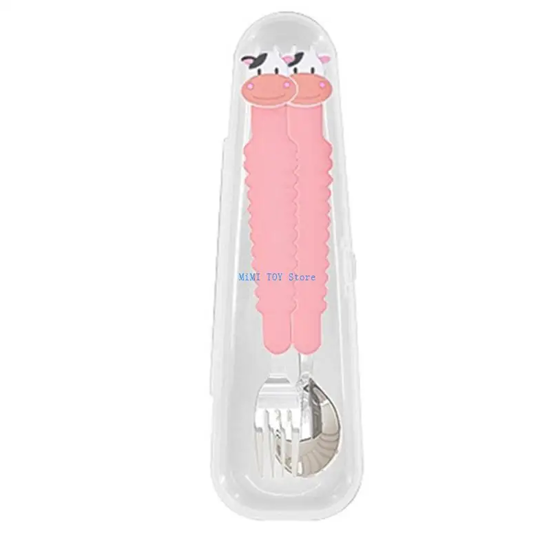 

24BE 2pcs Cartoon Animal Baby Cutlery Fork and Spoon Set Promotes Independent Eating