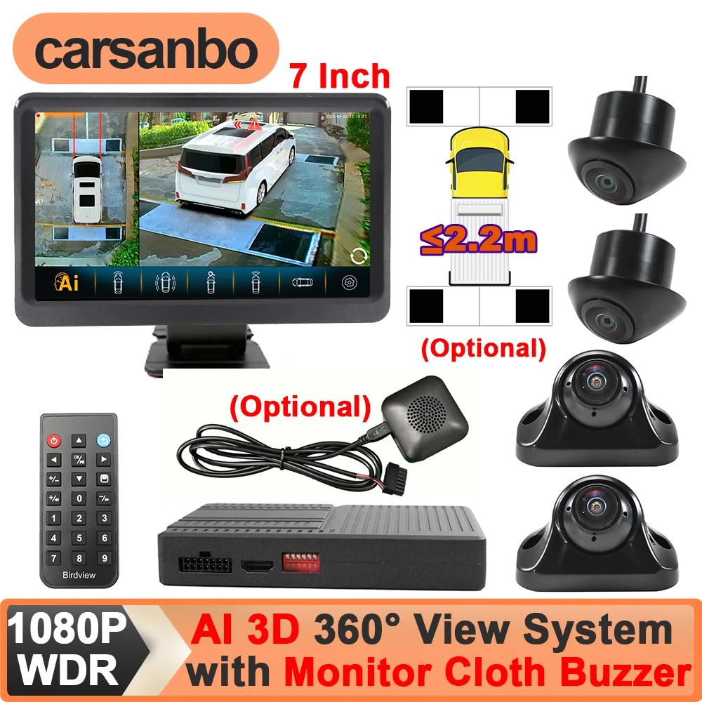 Carsanbo WDR 1080P 360 Camera Car AI 3D 360 Degree Bird View Panoramic System for Van Pickup Truck with Speaker/ Cloth/ Monitor