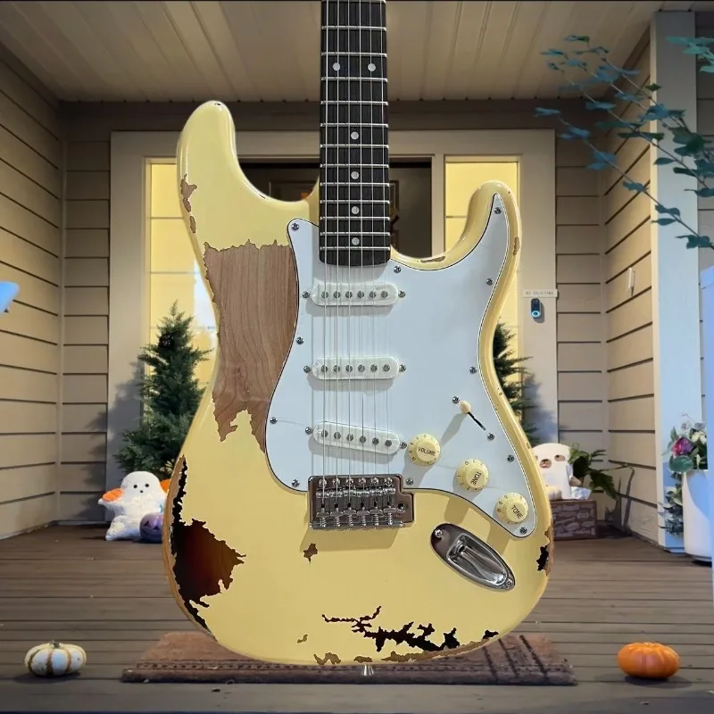 Aged Cream Yellow STPL Electric Guitar 3 Single Coil Pickups 6 Screw Tremolo Bridge Crisp Bright Tone Blues Pop Rock Style