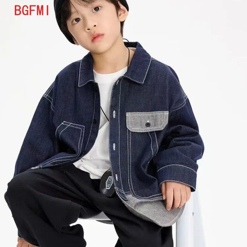 4-10 Yrs Fashion Baby Boys Open Wire Denim Jacket 2025 Spring and Autumn New Boy Handsome Loose Patchwork Single Breasted Jacket