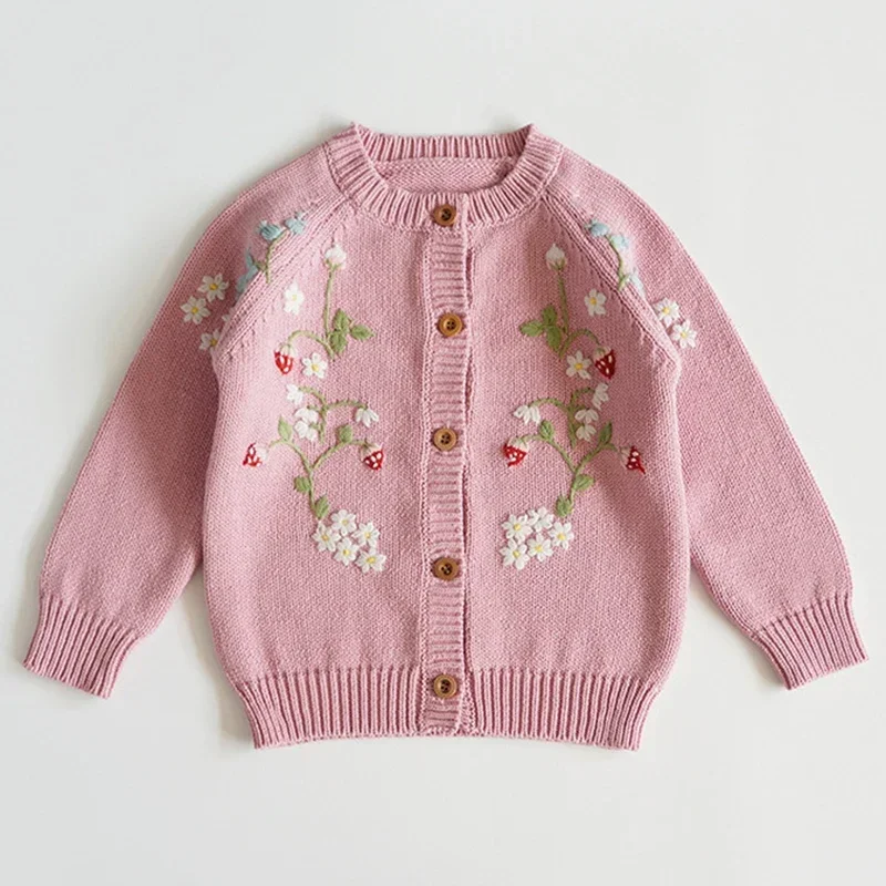 Baby Girl Knit Cardigan Princess Sweater Floral Embroidery Strawberry Infant Toddler Child Sweater Outfit Autumn Knit Cardigan