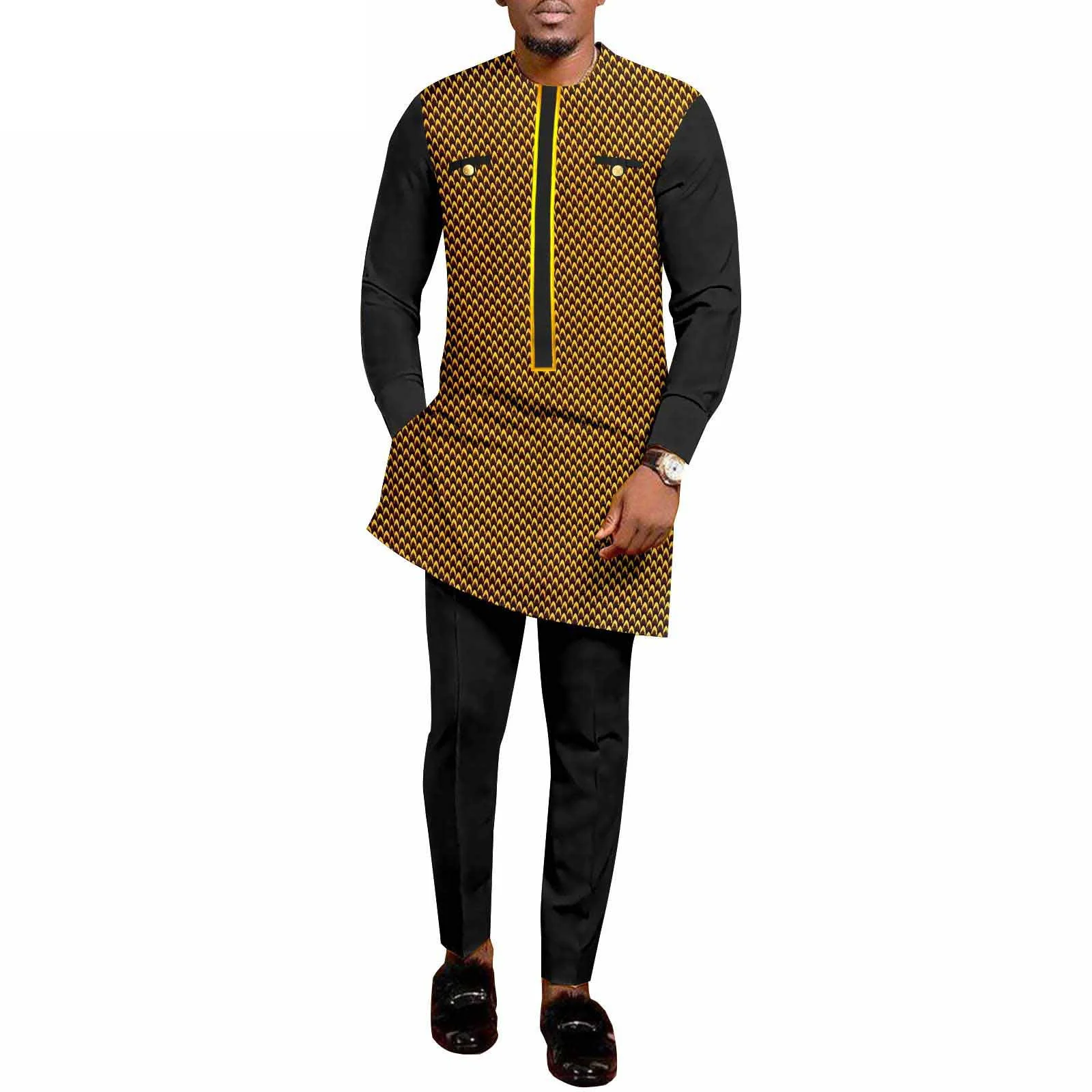 

Bazin Riche African Traditional Clothing for Men Print Shirts and Pants 2 Piece Set Formal Suit for Wedding Evening Party Outfit