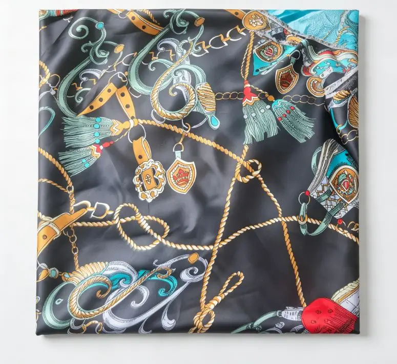 Luxury Vintage Chain Equestrian Print Satin Fabric, Dark Black Tassel Buckle Pattern Sewing Cloth for Scarf Dress DIY Craft