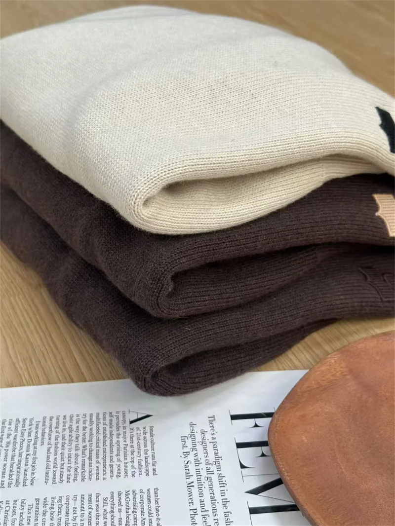 3 Colors Women Threaded High Collar Sweater Long Sleeve Logo Embroidered Versatile Lady Autumn/winter Wool Blended Knit Pullover