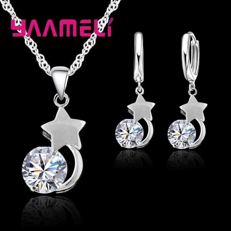 Funkelnde österreichische Kristall-Schmucksets aus 925er-Sterlingsilber, Farbe Stern, runder kubischer Zirkon, Anhänger, Halskette, Huggie-Ohrringe