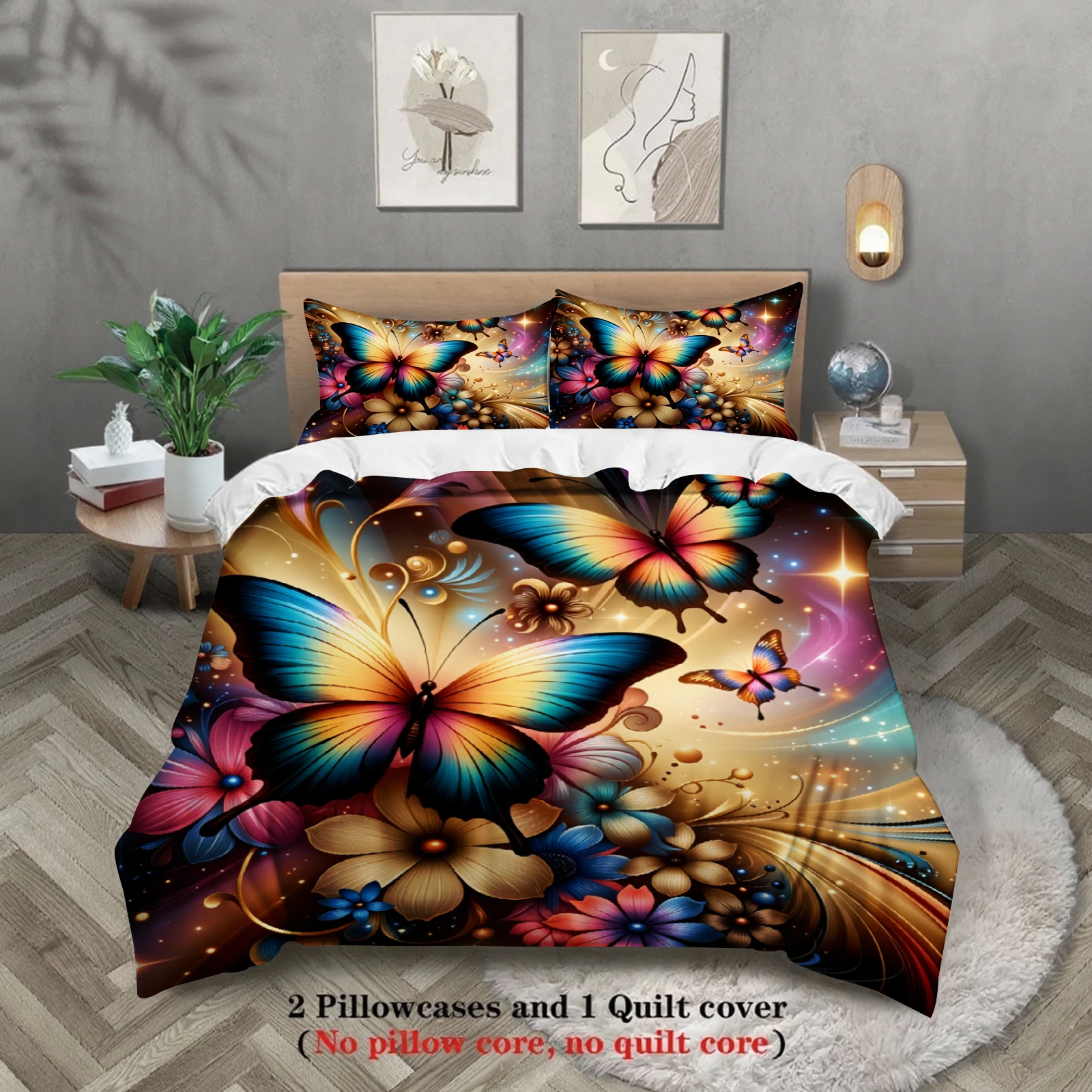 3pcs Butterfly Floral Bedding Sets 3D Printed Colorful Butterflies And Flowers Duvet Cover Sets With Pillowcases No Filling