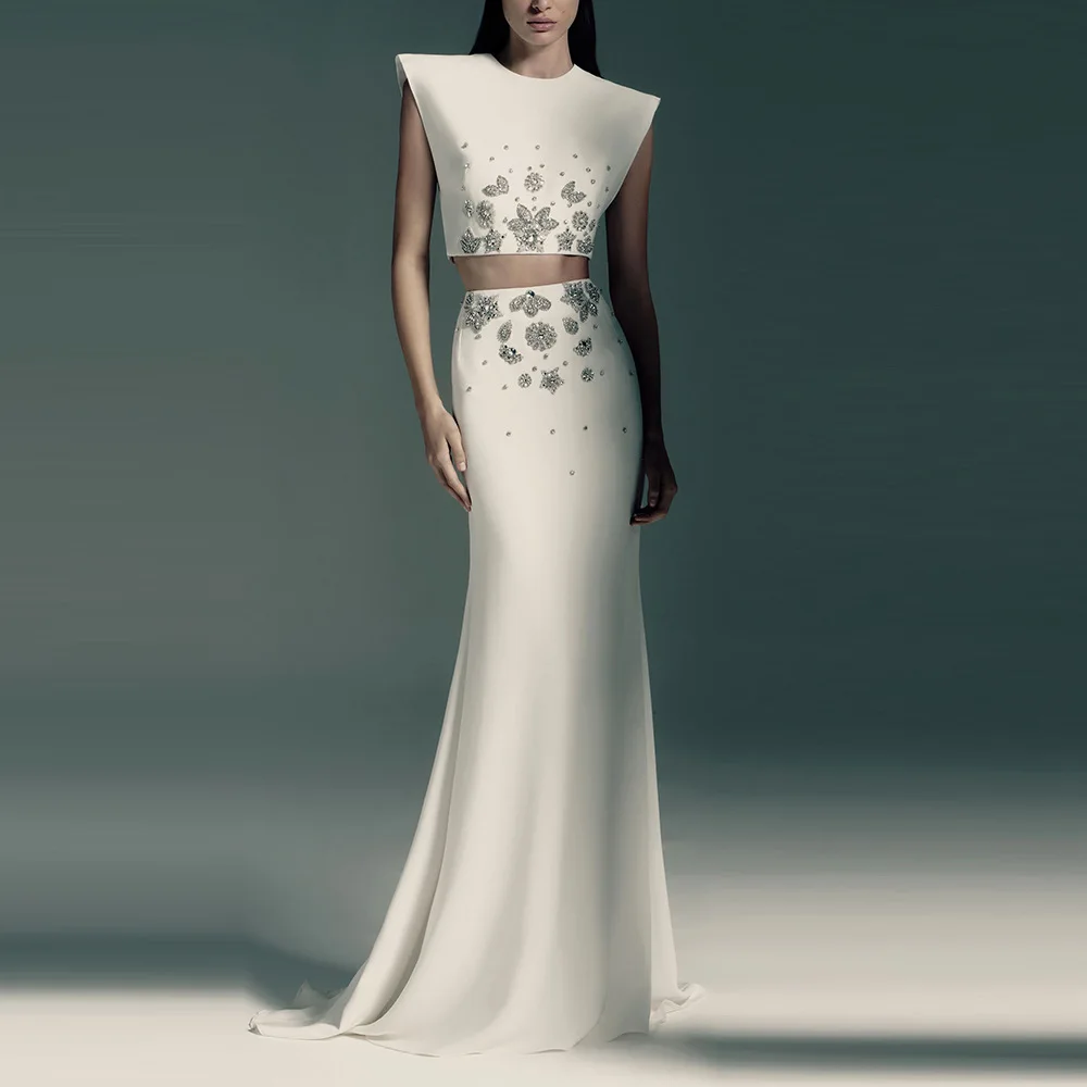 Luxury High Quality Bead Diamond Embroidery 2 Piece Set Women Outfit Cropped Top Long Skirt Party Evening Birthday Festival Suit