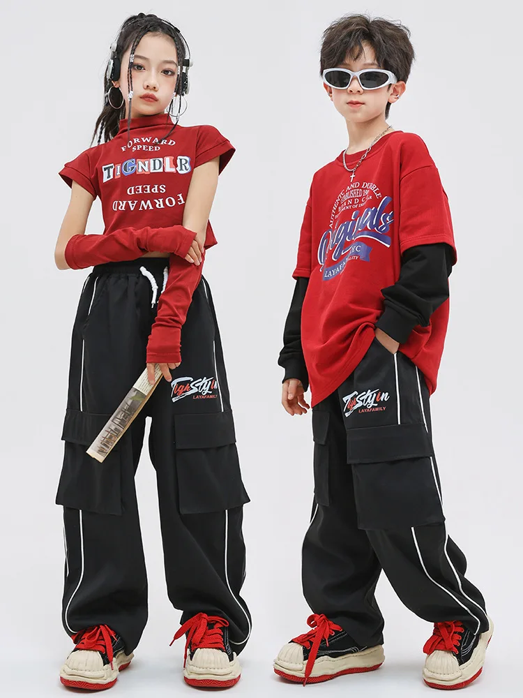 الفتيات الهيب هوب الأحمر عالية الرقبة المحاصيل الأعلى السراويل البضائع السوداء الاطفال K-pop الشارع الشهير الطفل الجاز زي فتاة مجموعة الملابس مجموعات