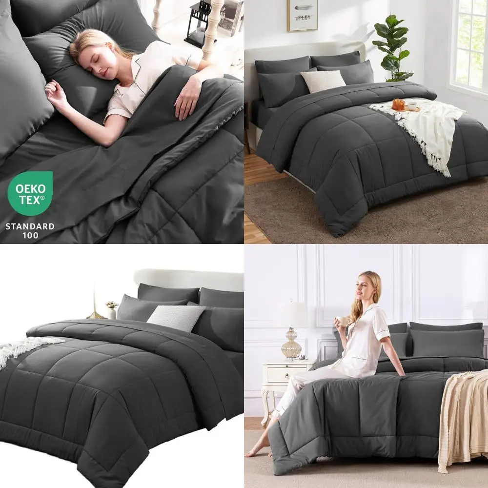 

Комплект темно-серого большого размера King из 7 предметов: всесезонное стеганое постельное белье с плоской простыней, наволочки