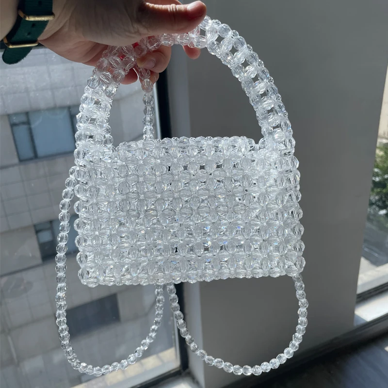 Bolso de mano con cadena larga para mujer, bolsa tejida a mano con cuentas verdes, diseño único, Asa superior, para fiesta